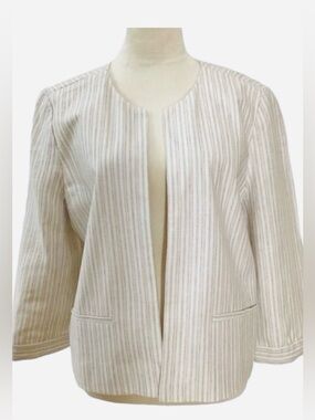 Loft Outlet Linen Blend Striped Open Front Blazer Jacket Tie Detail Sleeves L